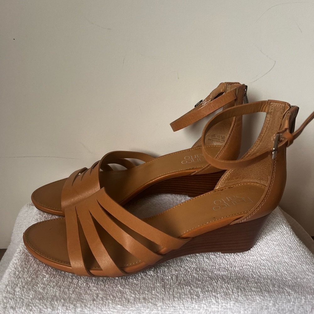 Fraco Sarto tan leather low wedge heel with Ankle strap and back zipper